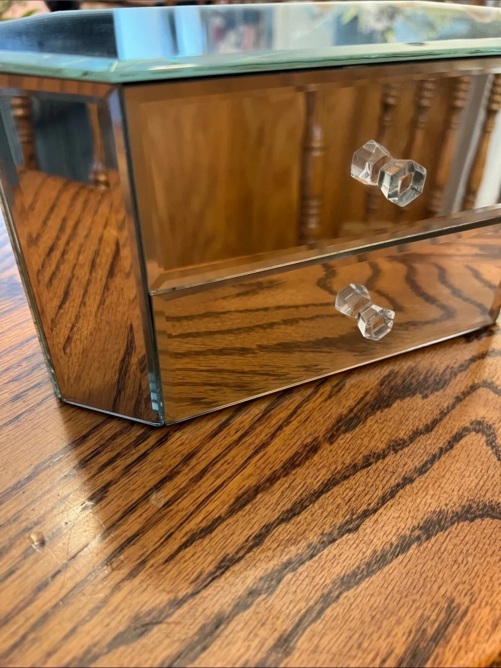 Allure All Mirrored Glass Two-Drawer Jewelry Box Beveled Curved Elongated Oval